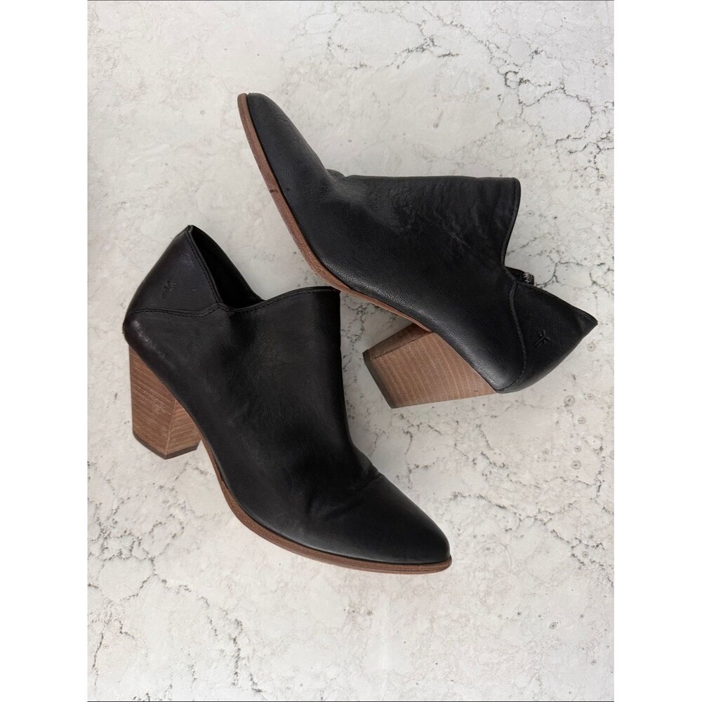 Frye Black Leather Heeled Ankle Boots with Stacked Wood Block Heel